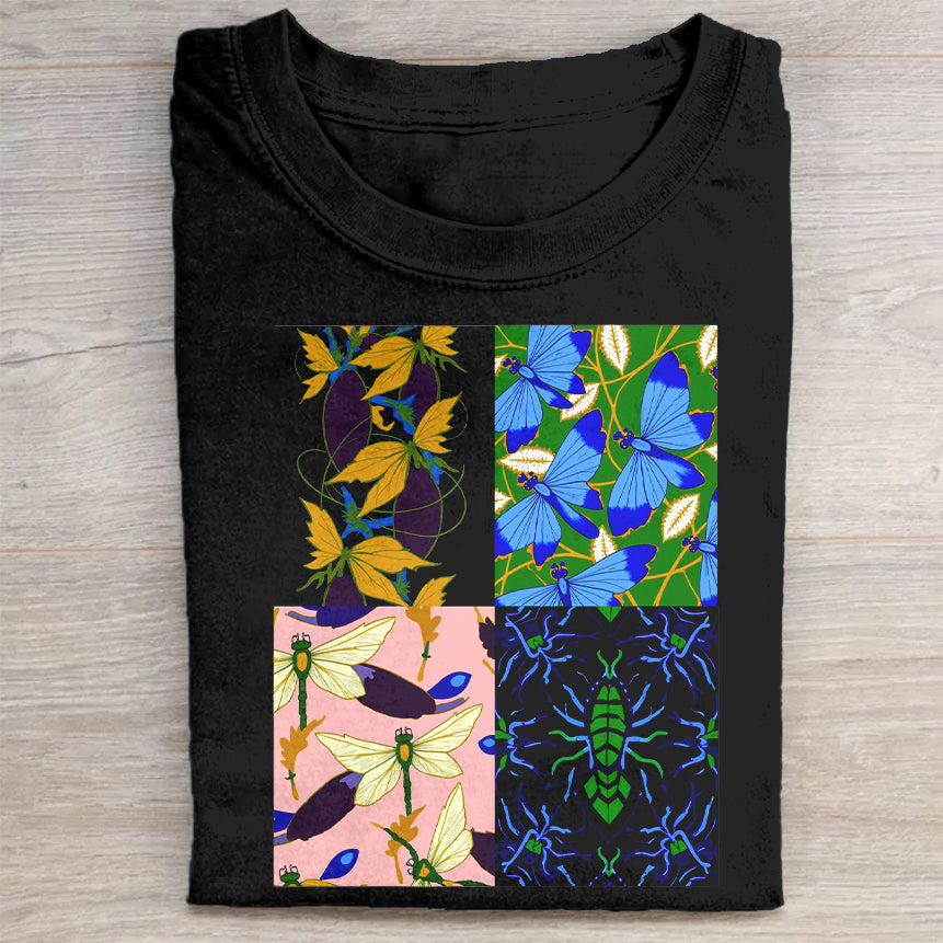 Colorful Insect and Flower Pattern Graphic T-Shirt