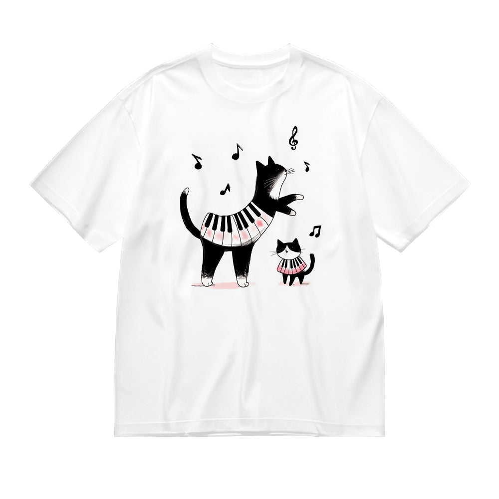Cute Cat Piano Music Graphic T-Shirt