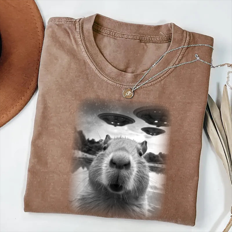 Christmas Capybara Selfle With UFO Art Acid Wash Sweatshirt