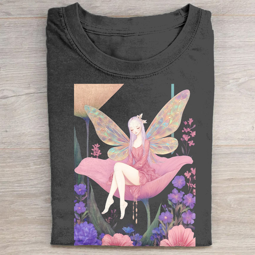 Fairy Graphic T-Shirt  Fantasy Fairy with Wings and Flowers Art Print Tee