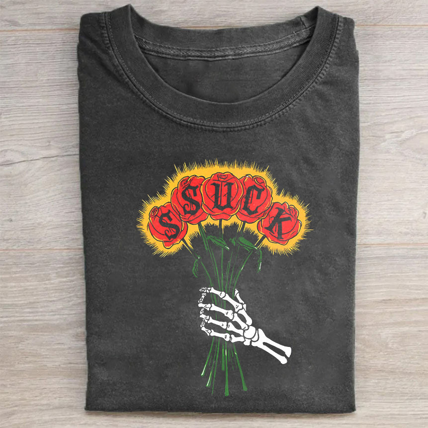 Skeleton Hand with Roses Graphic T-Shirt
