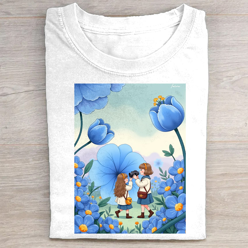 Cute Kids in Flower Garden Graphic T-Shirt