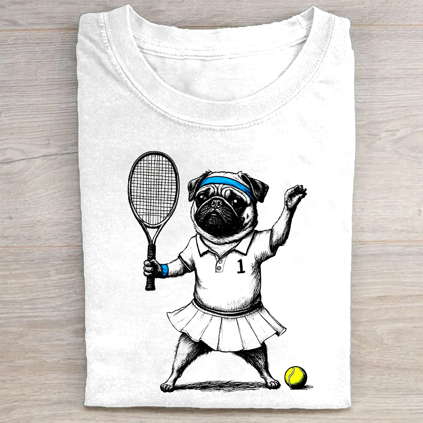 Cute Pug Playing Tennis Graphic T-Shirt