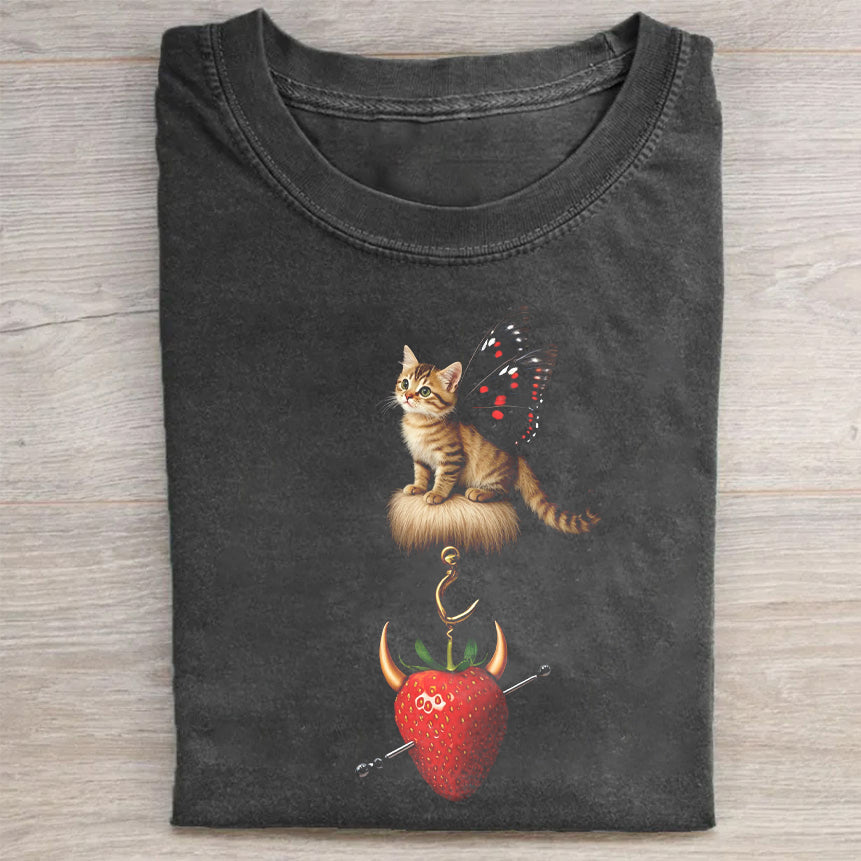 Cute Cat on Strawberry Graphic T-Shirt
