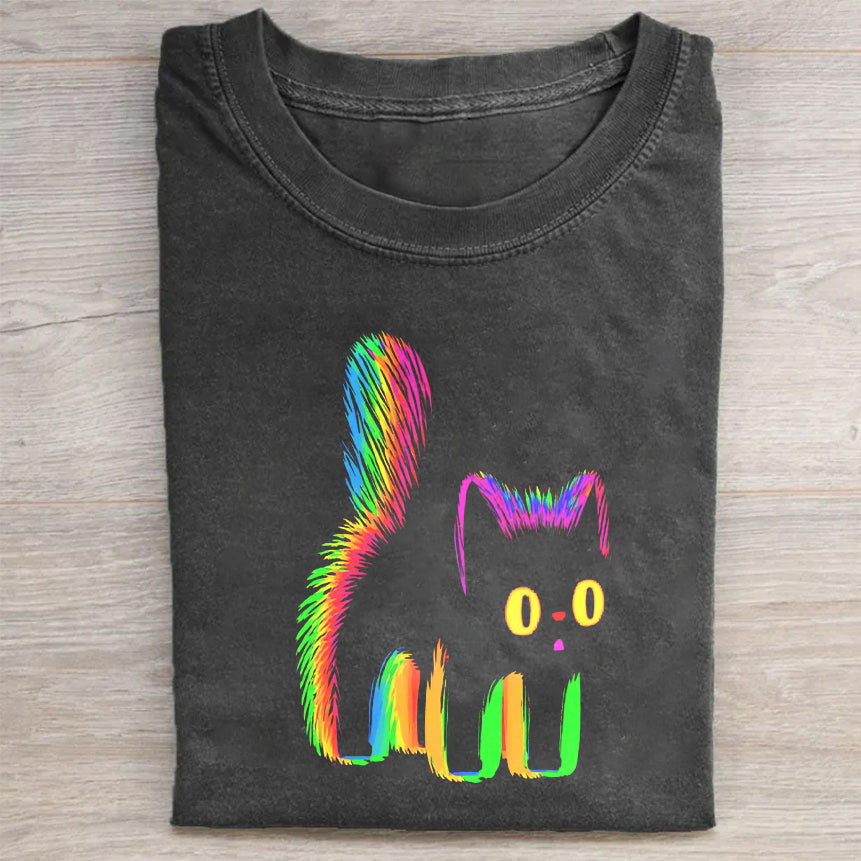 Rainbow Cat Graphic T-Shirt Black Colorful Feline Print for Casual Wear