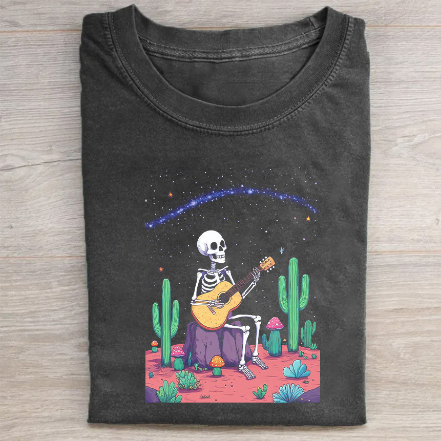 Skull Playing Guitar Cactus Desert Night Scene Graphic T-Shirt