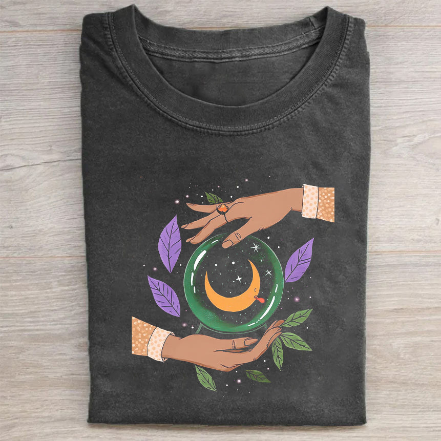 Crescent Moon and Hands Design Graphic T-Shirt