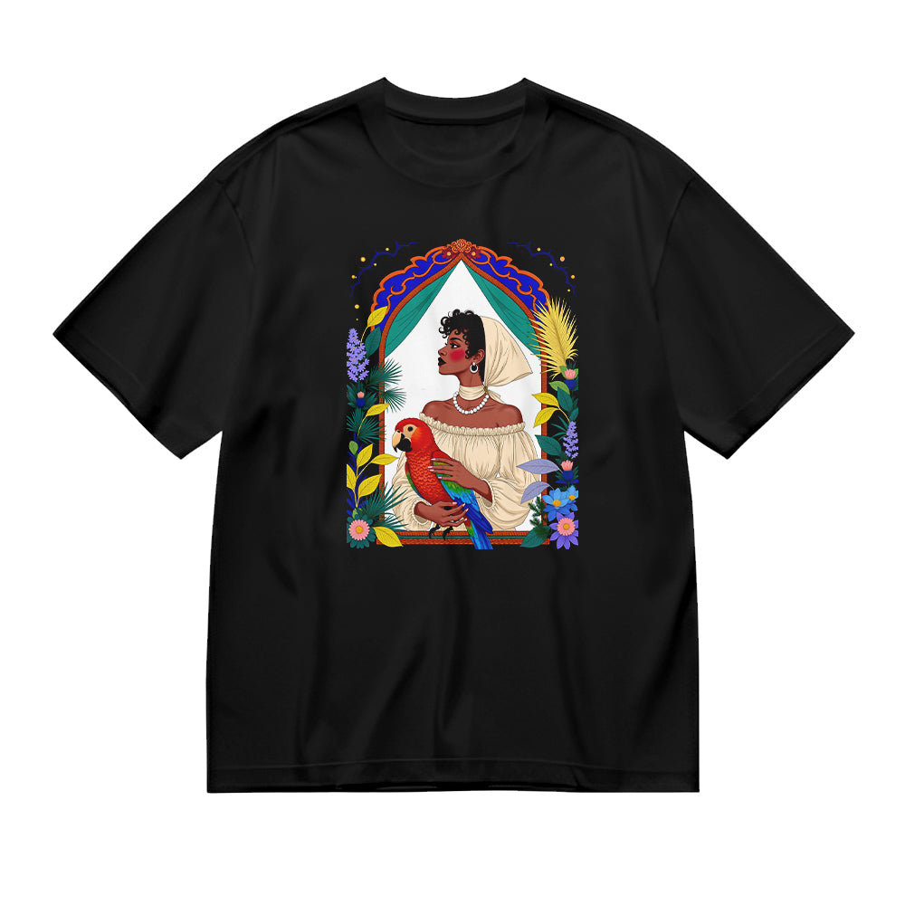 Colorful Tropical Bird and Woman Graphic T-Shirt
