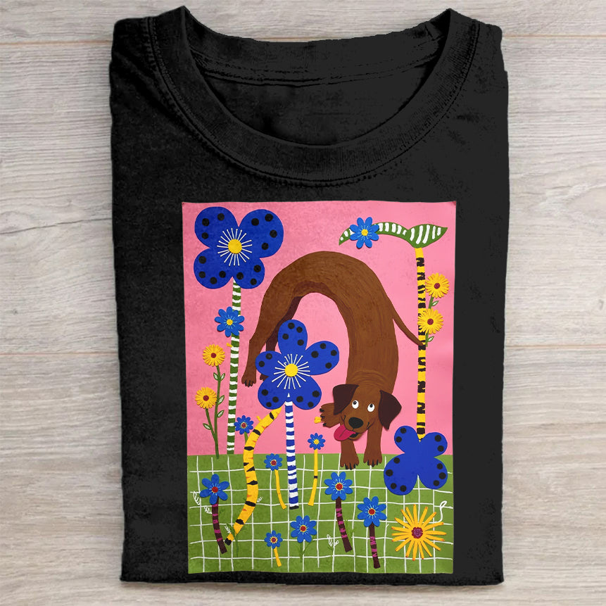Colorful Floral and Dog Graphic T-Shirt