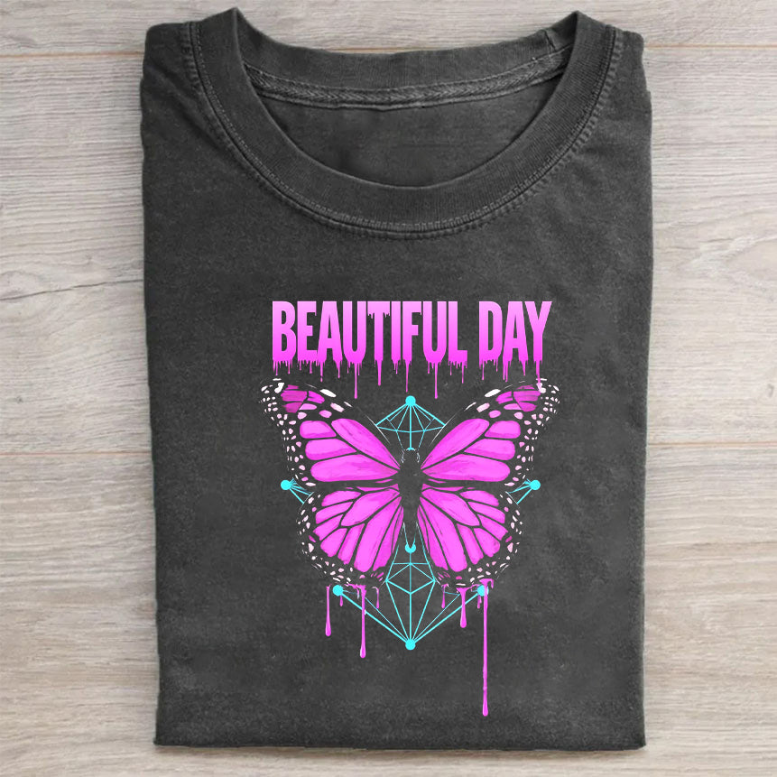 Beautiful Day Graphic T-Shirt with Purple Butterfly Design for Women Men Unisex Casual Tee