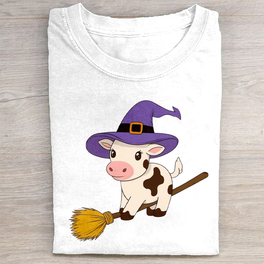 Cute Cow Witch Halloween Costume Graphic Print T-Shirt