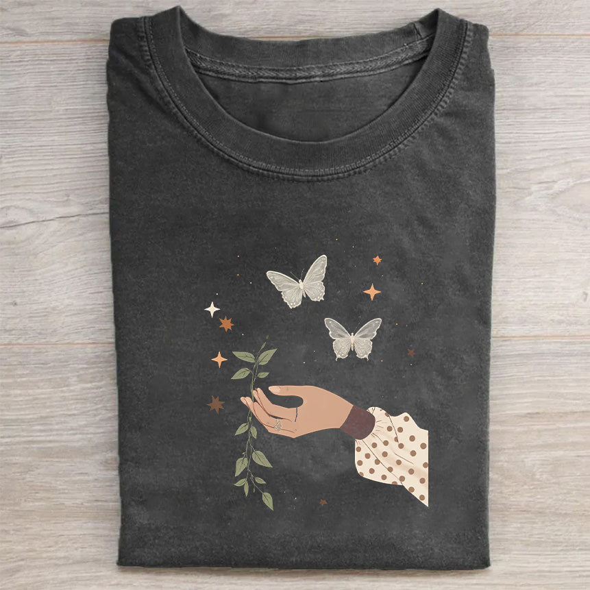 Butterfly Garden Print Women's Casual Short Sleeve T-Shirt