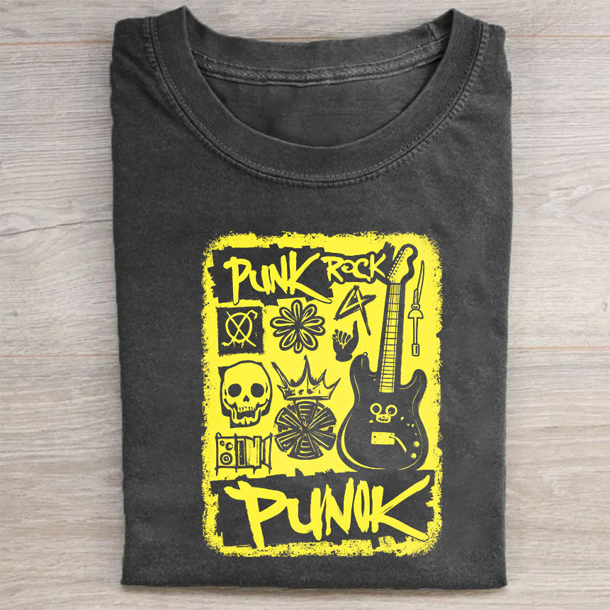 Retro Crew Neck Black T-Shirt with Punk Rock Skulls and Guitars Print for Music Festivals