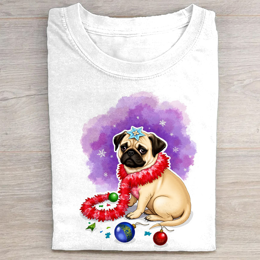 Cute Pug with Christmas Decorations Graphic T-Shirt