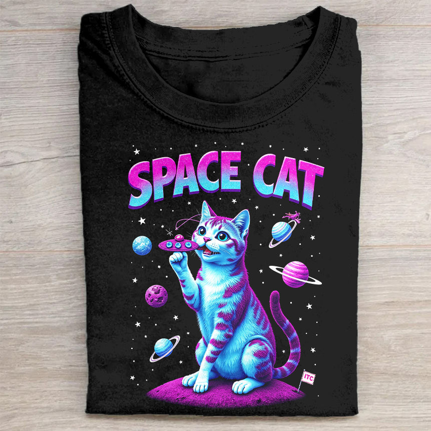 Space Cat Galaxy Print T-Shirt