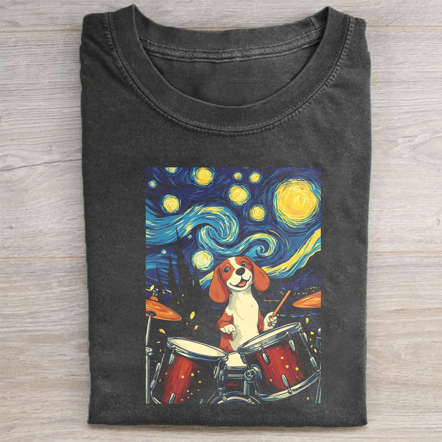 Short Sleeve Black T-Shirt with Starry Night Drumming Dog Print for Casual Wear