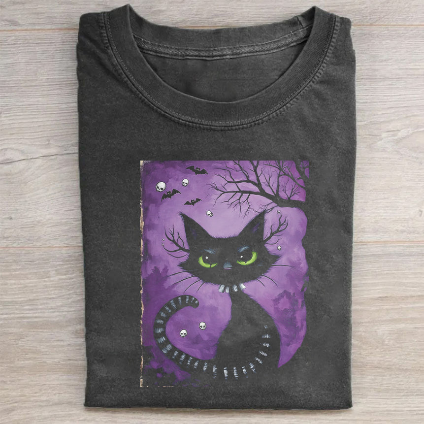 Round Neck Black T-Shirt with Halloween Cat and Moon Print for Festive Wear