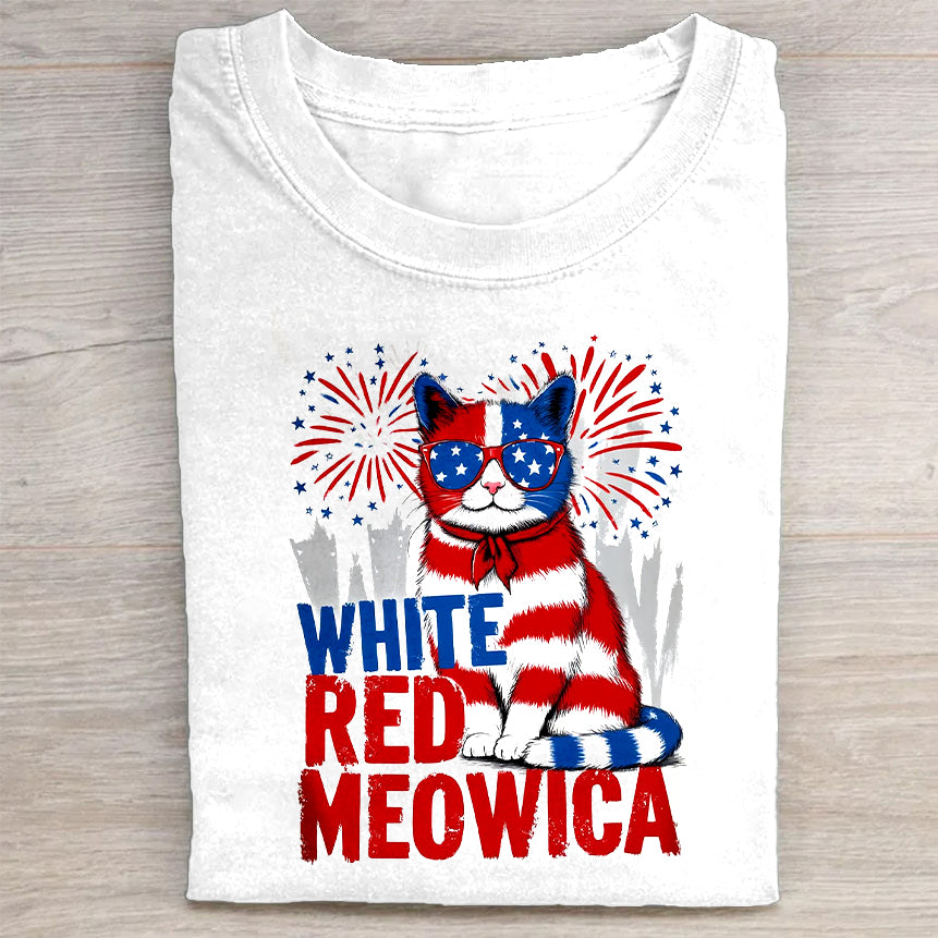 White Red Meowica Patriotic Cat Graphic T-Shirt