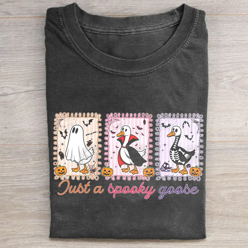 Spooky Ghost, Goose, and Skeleton Halloween Print T-Shirt