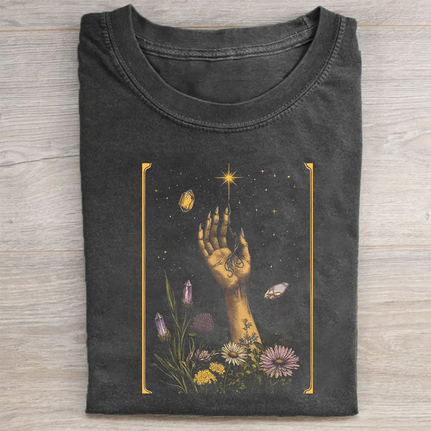 Mystical Hand Reaching for Star Floral Print Graphic T-Shirt