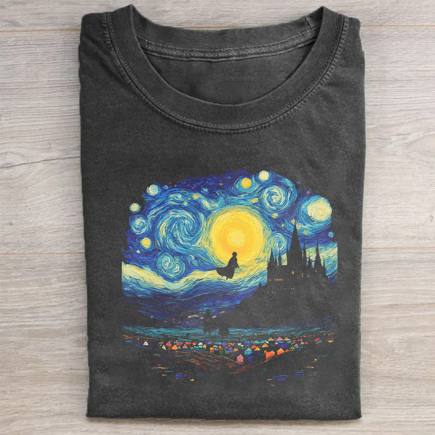 Round Neck Black T-Shirt with Starry Night and Scream Art Print for Casual Wear