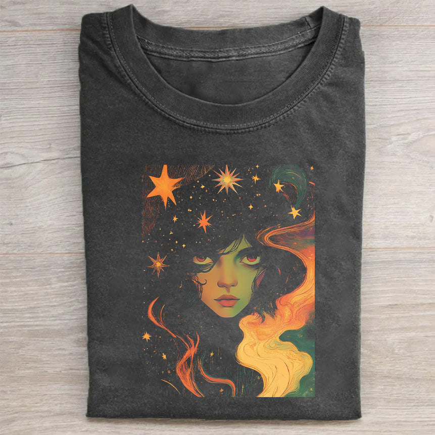Cosmic Dream Women's Graphic Tee with Starry Night Sky and Mystical Face Design T-Shirt