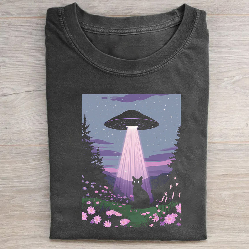 UFO Cat Forest Night Scene Graphic Tee T-Shirt