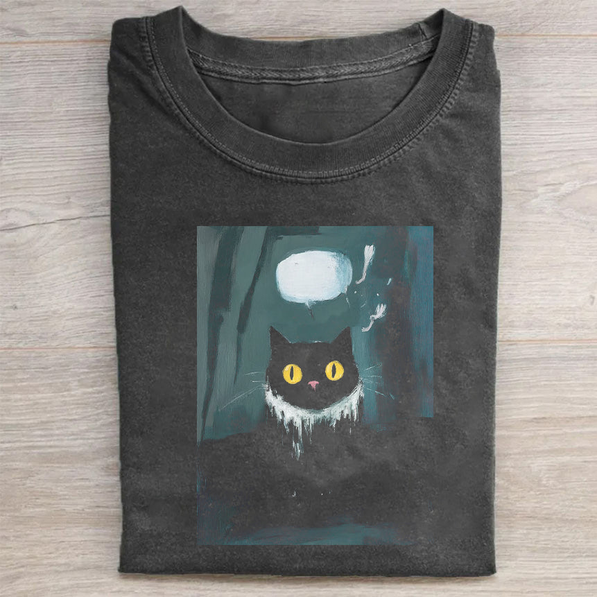 Short Sleeve Black T-Shirt with Spooky Cat and Moon Print for Halloween Party