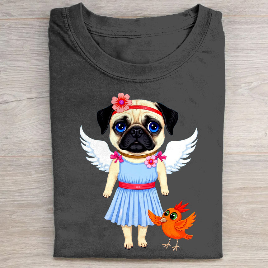 Cute Pug Angel with Bird Graphic T-Shirt