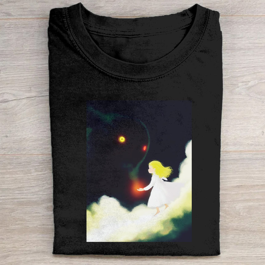 Unisex T-Shirt Black Wolf and Angel Clouds Print Casual Wear
