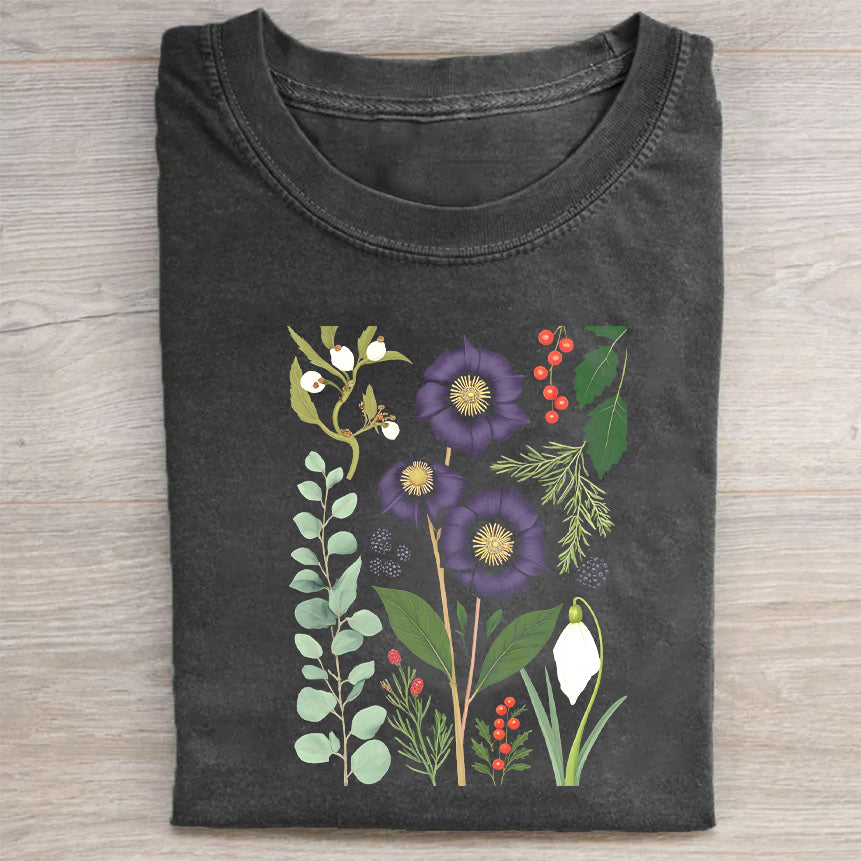 Classic Crew Neck T-Shirt Black Floral Bouquet Print for Casual Wear