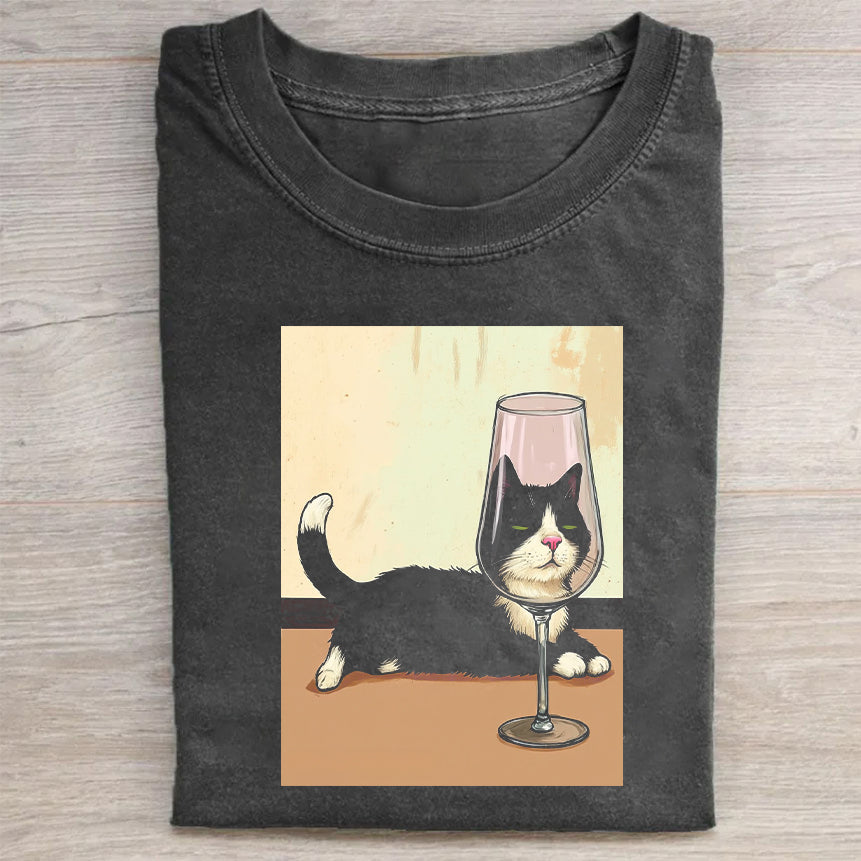 Cute Cat with Wine Glass Graphic T-Shirt