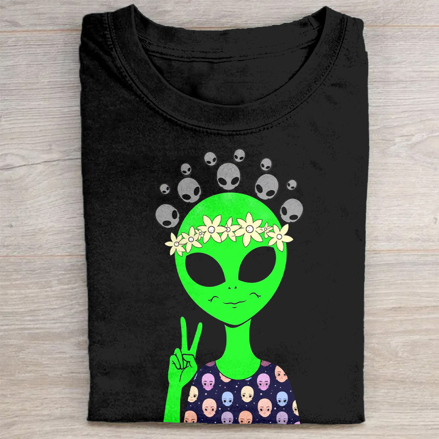 Alien Peace Sign with Flower Crown T-Shirt