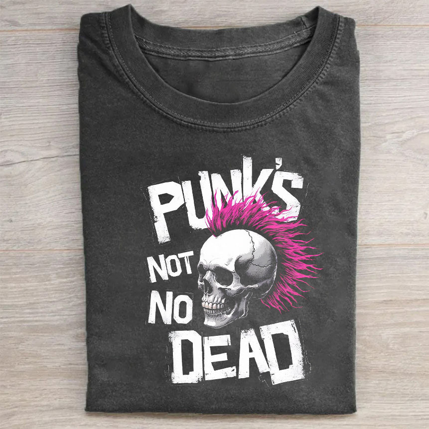 Punk Style Black T-Shirt with Skull and Punk's Not Dead Print for Casual Wear