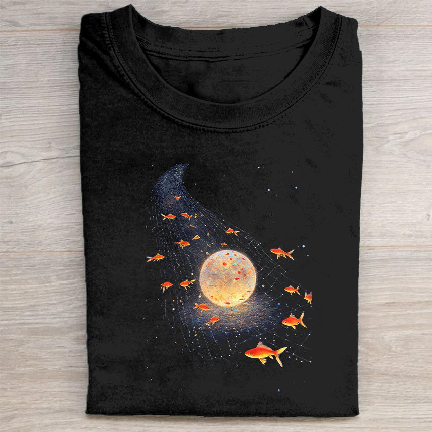 Space Goldfish Galaxy Moon Black T-Shirt