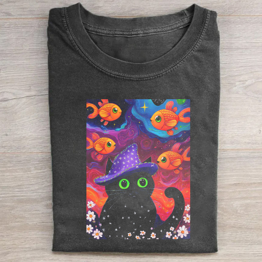 Halloween Black Cat with Fish Pattern Graphic T-Shirt