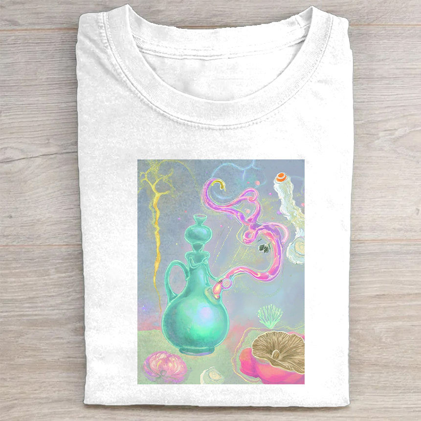 Unisex T-Shirt White Magical Vase with Star Wand and Phoenix Print for Casual Wear