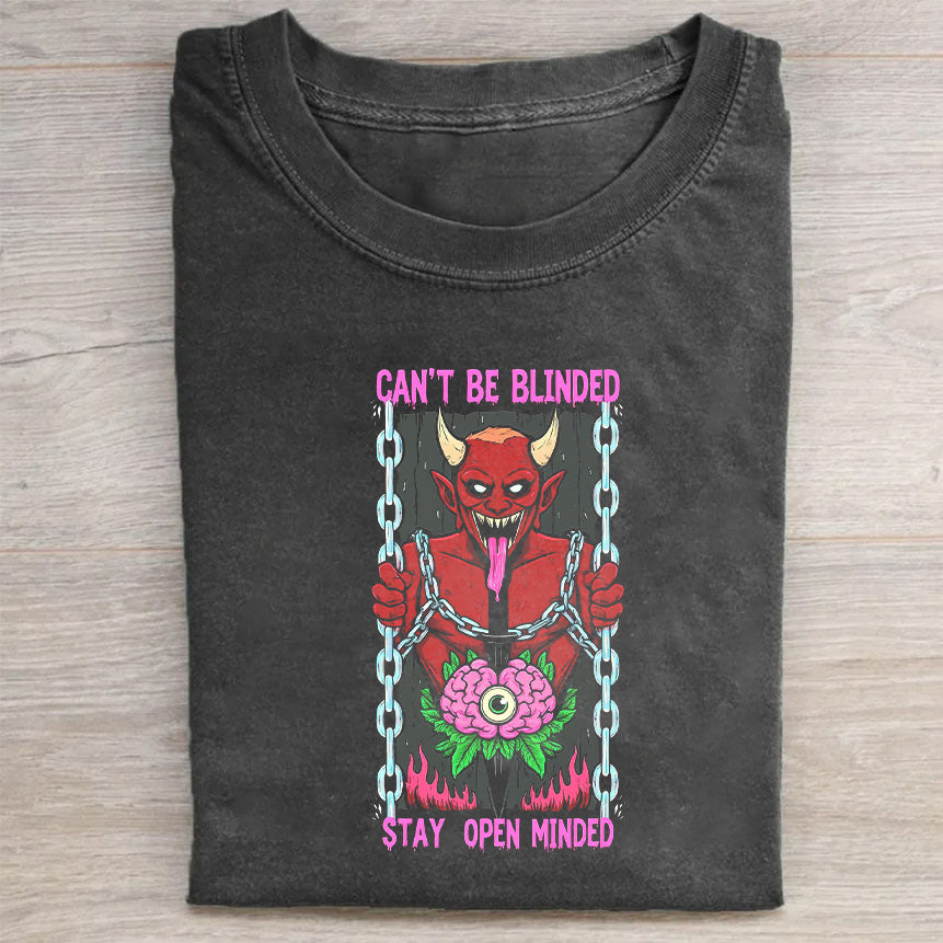 Devil Design Graphic Tee for Men Women Stay Open Minded Printed T-Shirt