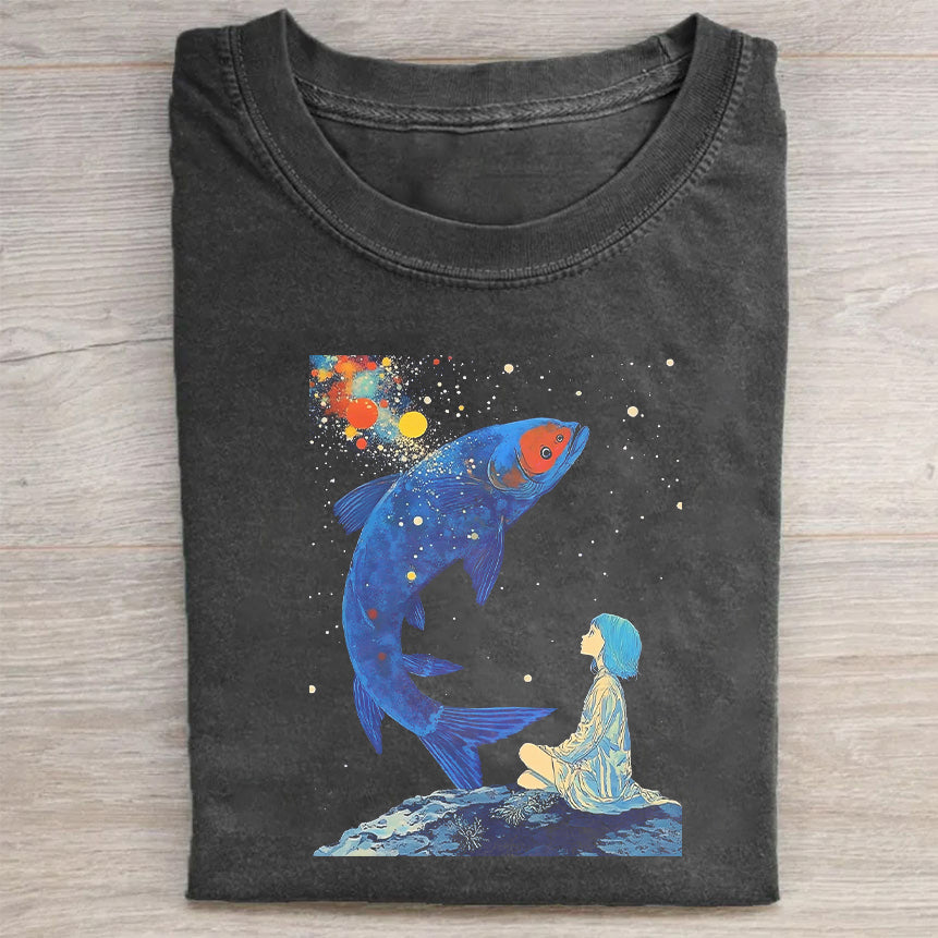 Galaxy Shark and Girl Graphic Print Men's Casual T-Shirt