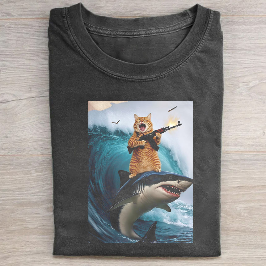 Funny Cat Riding Shark Graphic T-Shirt