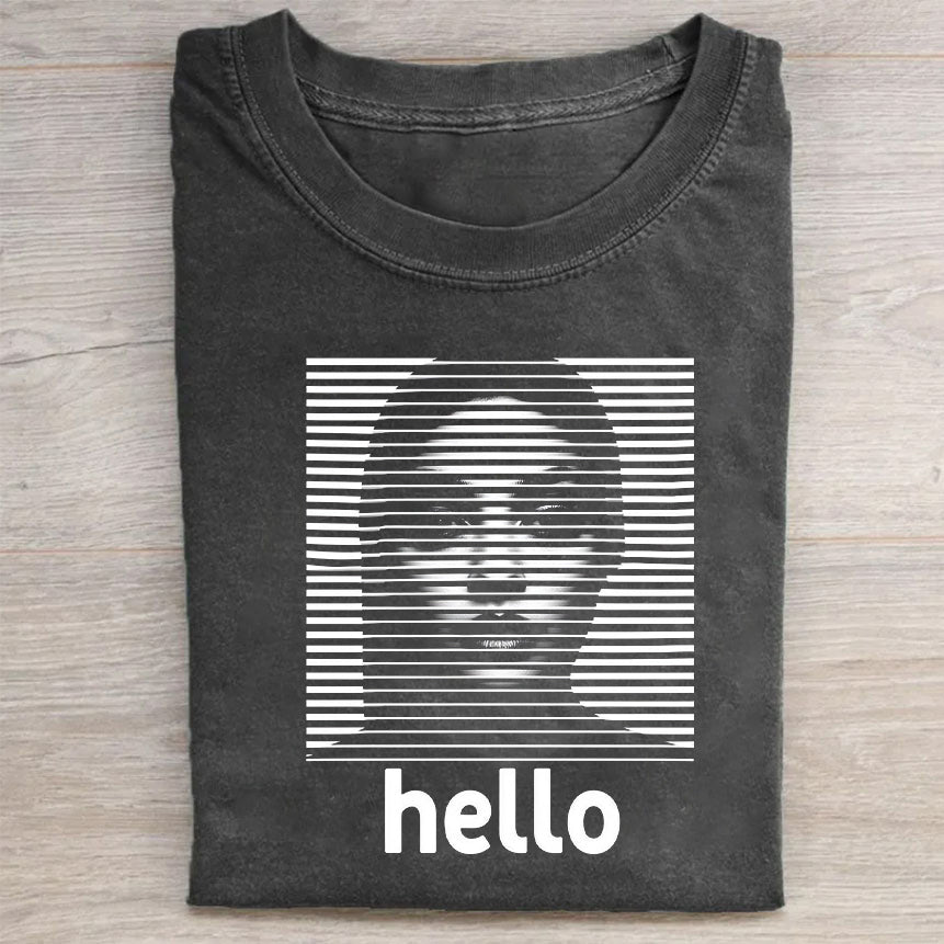 Men's Graphic T-Shirt with Striped Face Design and Hello Text Print