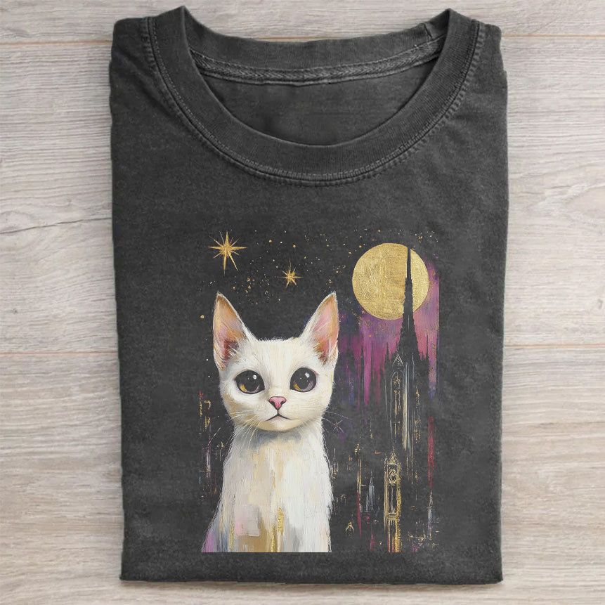 Cute Cat with Moon and Stars Graphic T-Shirt