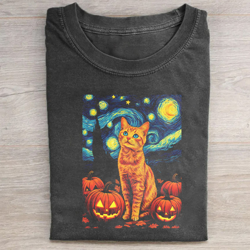 Halloween Themed Crew Neck Black T-Shirt with Van Gogh Cat and Pumpkins Print for Festive Season