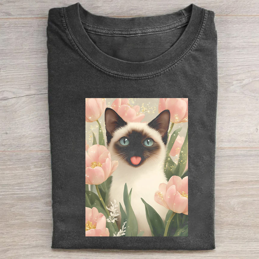 Cute Siamese Cat with Pink Tulips Graphic T-Shirt