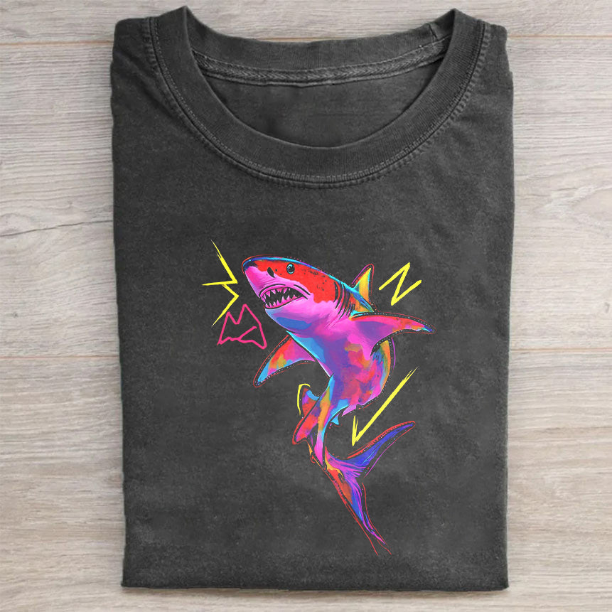 Neon Shark Graphic T-Shirt for Men Women - Vibrant Lightning Design, Comfortable Casual Tee Shirt
