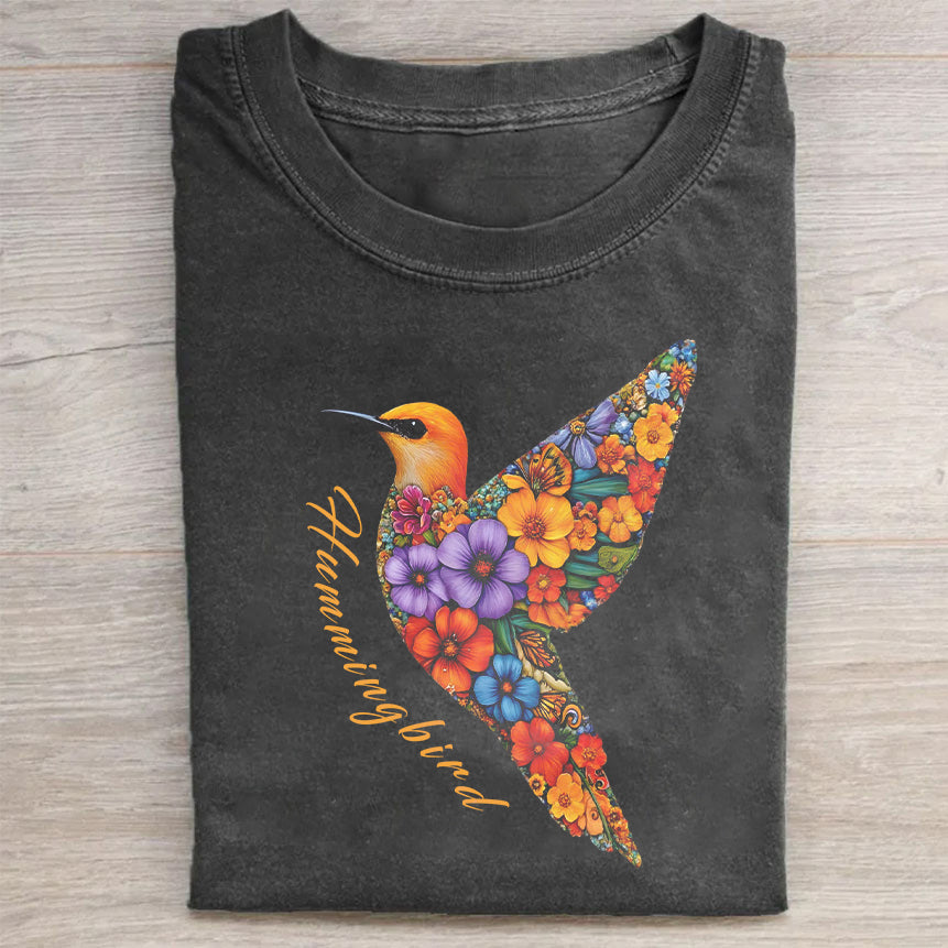 Short Sleeve Black T-Shirt with Floral Hummingbird Print for Casual Wear