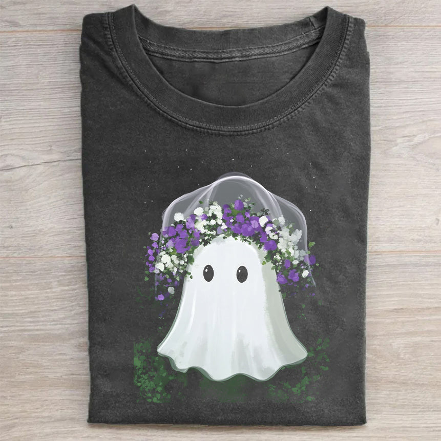 Cute Ghost with Purple Flowers Graphic T-Shirt