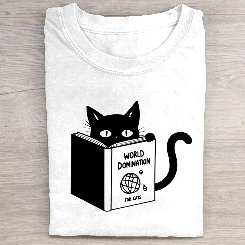 Cute Cat Peeking Over World Dictionary Book Design T-Shirt