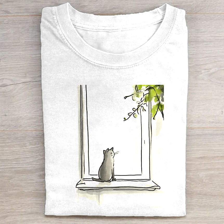 Cute Cat by Window with Lilies of the Valley Print T-Shirt