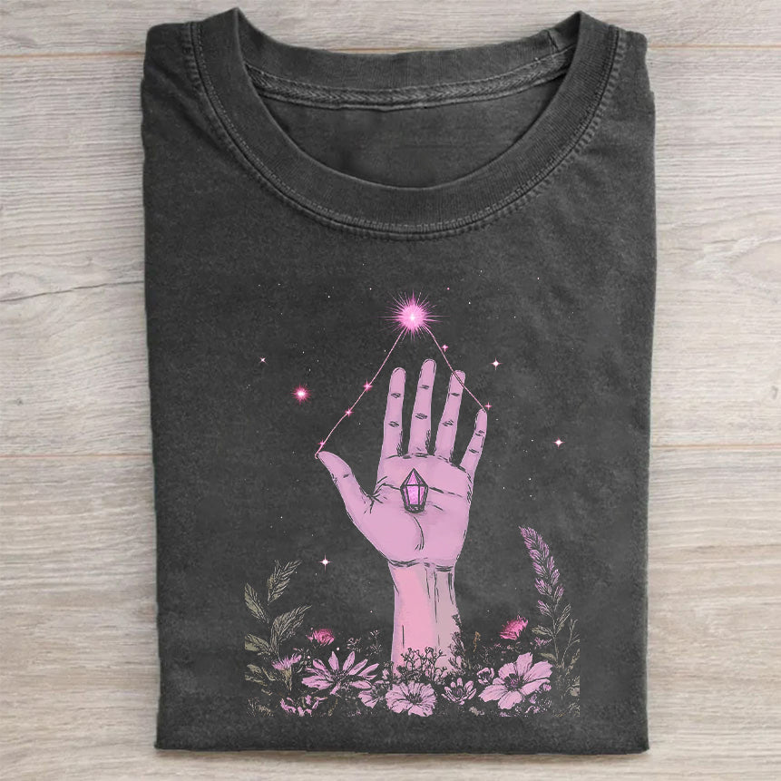 Mystical Hand with Pink Crystal and Floral Design Graphic T-Shirt